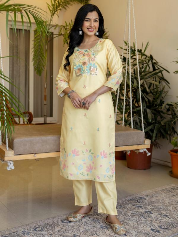VP 9903 Y Women’s Vertican Silk Straight Kurta Pent Dupatta Sets with Beads Work | 3pcs Ethnic Set